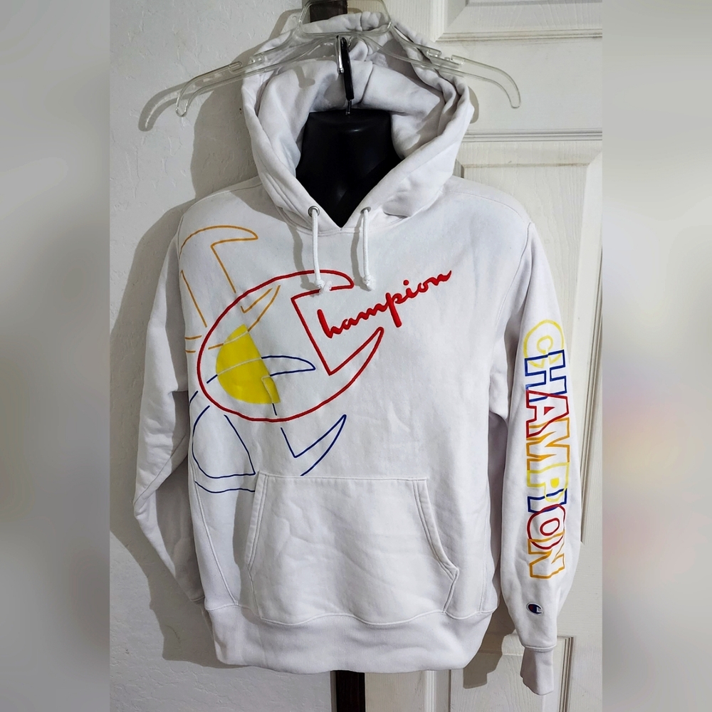 Champion Sweatshirt Hoodie Men's Large Reverse Weave White Embriodered Logo EUC